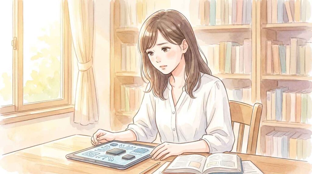 タブレットで半導体チップの情報を調べて考え込む女性のイラスト