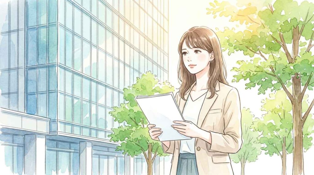 オフィスビル前で書類を持ちビジネスの機会を考える女性のイラスト