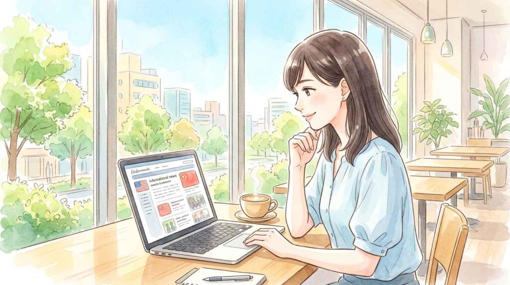 カフェでノートパソコンを開き米中首脳会談のニュースを確認する女性のイラスト