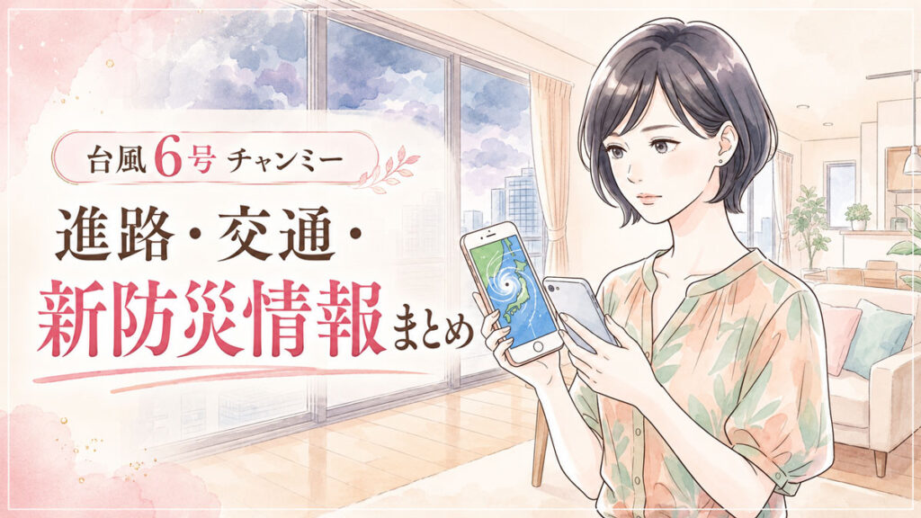 スマートフォンで台風の進路情報を確認して表情を引き締める女性