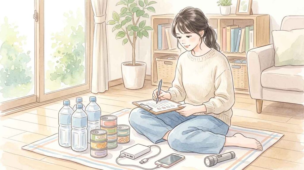 自宅でモバイルバッテリーを充電しながら台風対策をチェックする女性