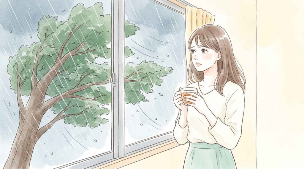  窓の外の暴風雨を心配そうに眺める女性のイラスト