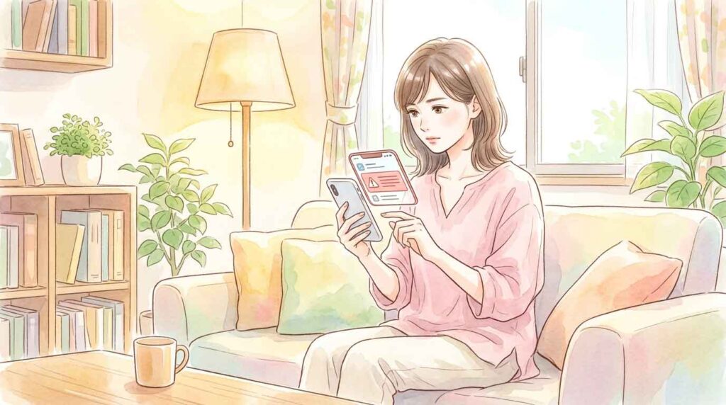 スマートフォンに届いた防災警報通知を見て真剣な表情の女性