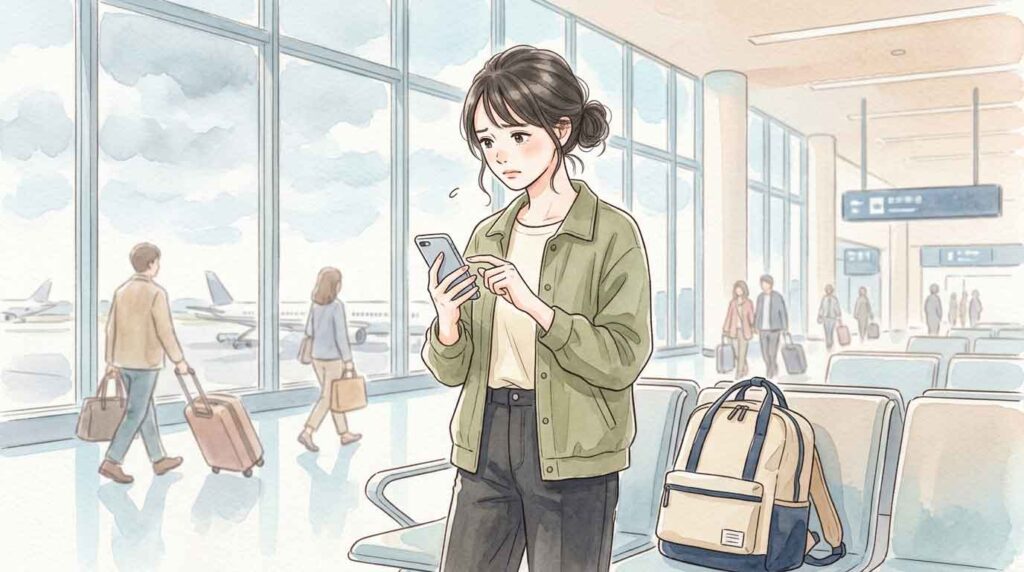  空港のチェックインカウンターで困り顔のスマホを見る女性のイラス