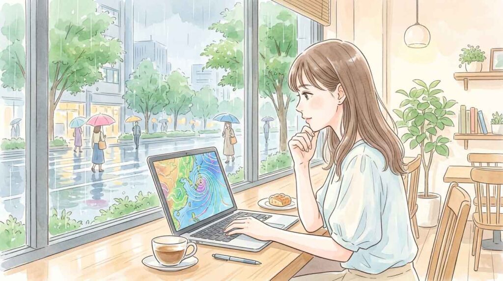 台風の進路予想図を真剣な表情で眺める女性のイラスト