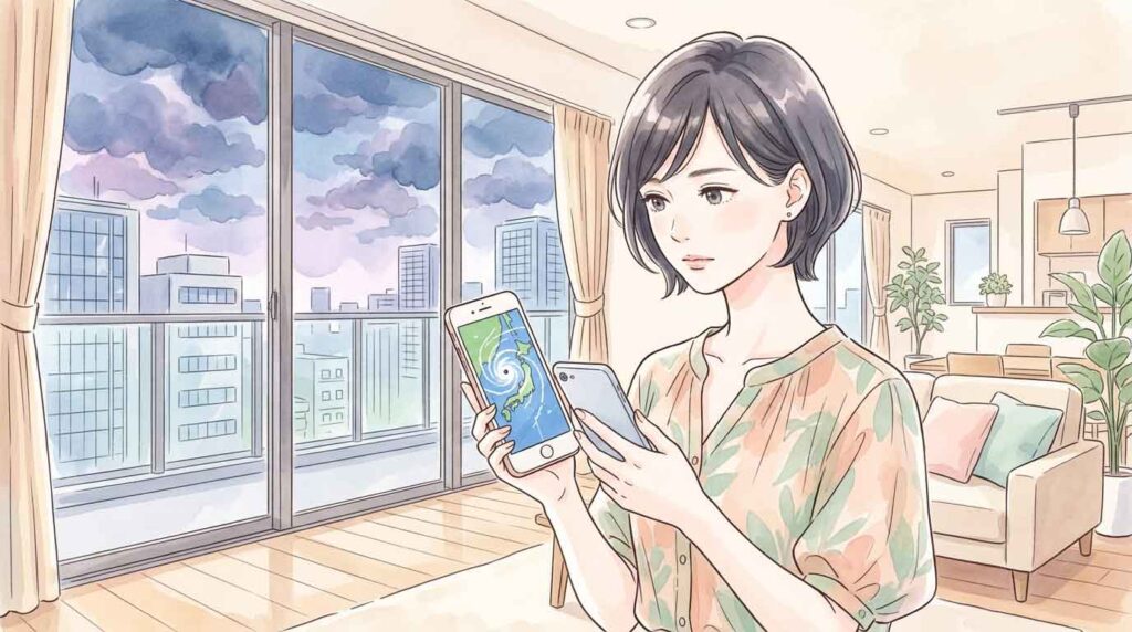 スマートフォンで台風の進路情報を確認して表情を引き締める女性