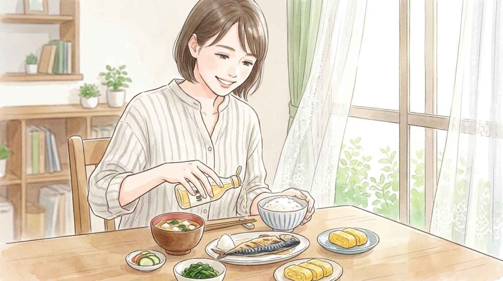 バランスのよい和食が並んだダイニングテーブルに純米酢を添える女性のイラスト
