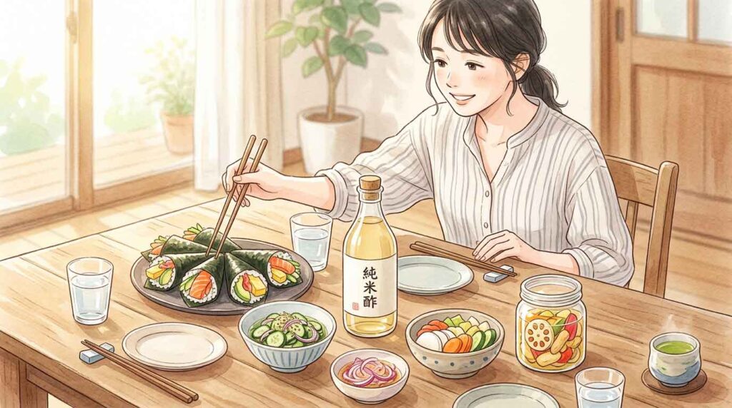 酢の物・手巻き寿司・酢玉ねぎ・ピクルスが並んだ家庭の食卓イラスト