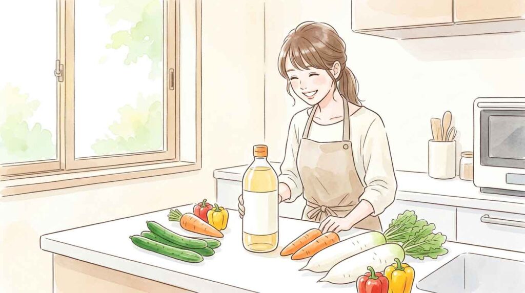 キッチンカウンターに置かれた900mlの米酢ボトルと新鮮な野菜のイラスト