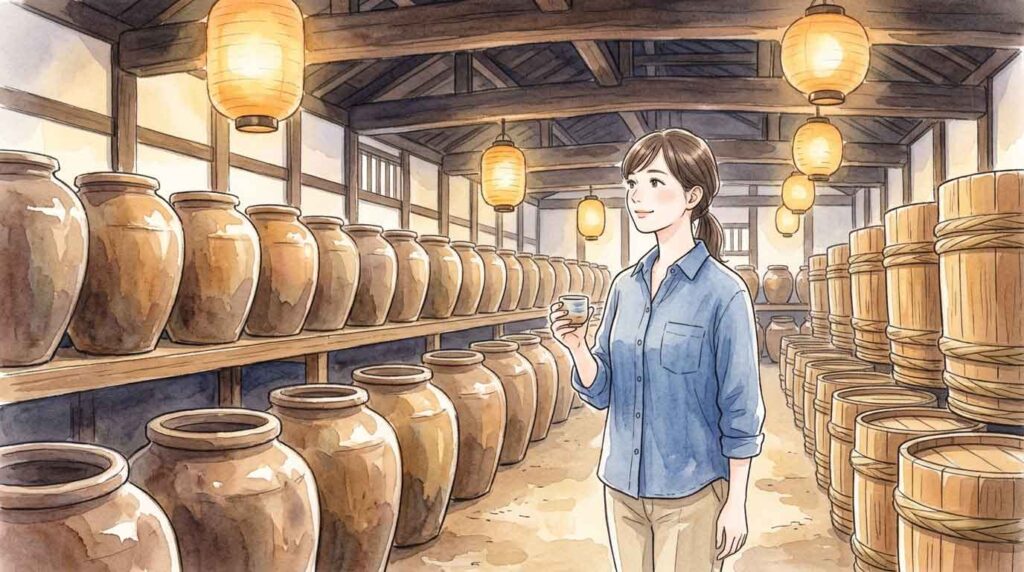 伝統的な酢蔵の貯蔵タンクの前に立つ職人のイラスト