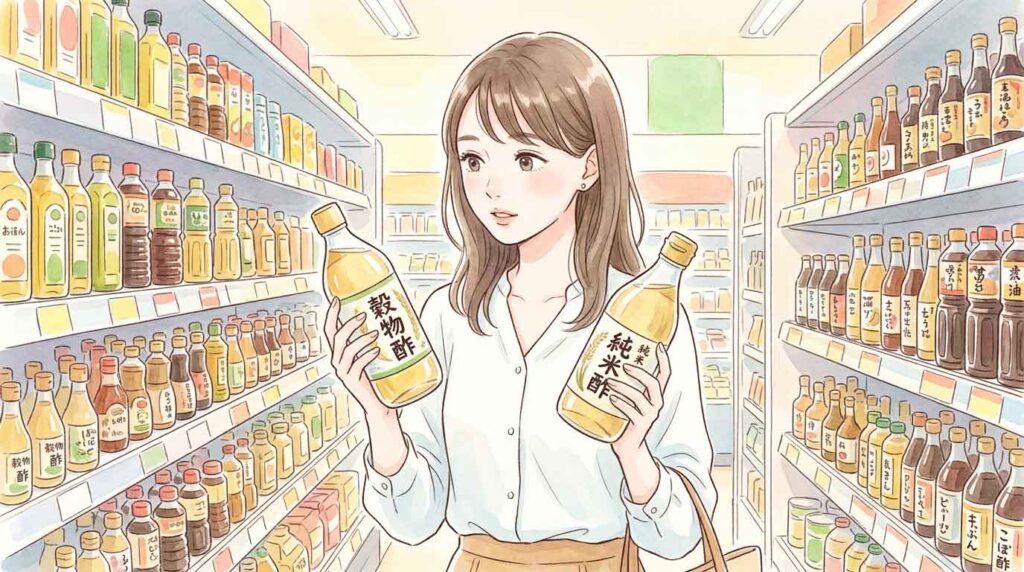 スーパーの棚に並ぶ様々な種類のお酢を見比べる女性のイラスト