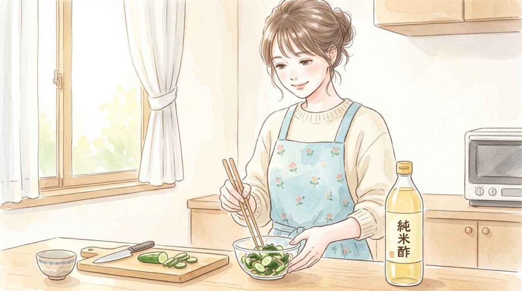キッチンで酢の物を作りながら微笑む女性のイラスト