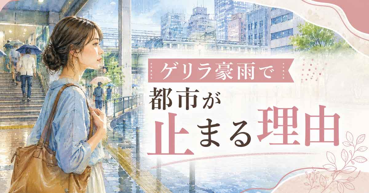 激しい雨のなか駅前で足元の冠水を見つめる女性