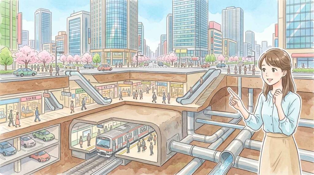 大都市の地下街と高層ビルの下に広がる排水管をイメージした街の断面