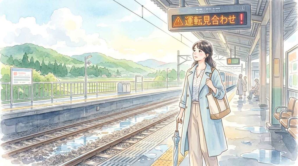  雨上がりの駅ホームで運転見合わせ表示を見る女性