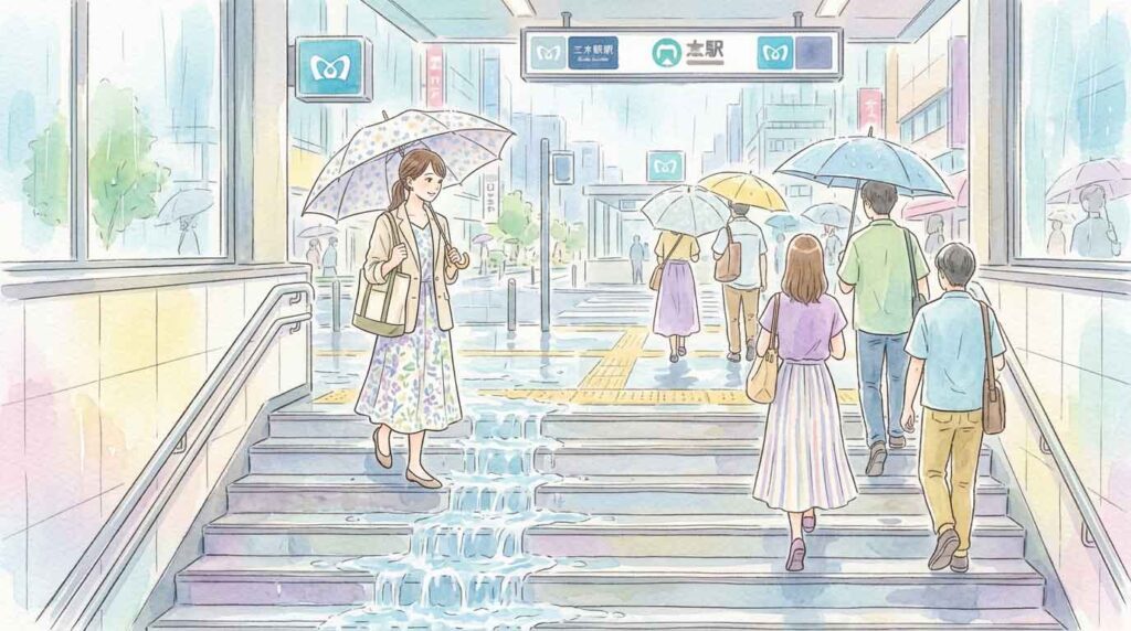ゲリラ豪雨で地下街の入口に雨水が流れ込み通行人が立ち止まる様子