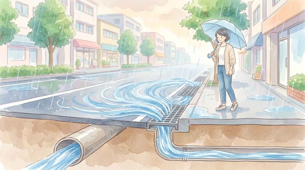 PIC2 | alt: アスファルトの街に降った雨が排水口へ一気に流れ込む様子