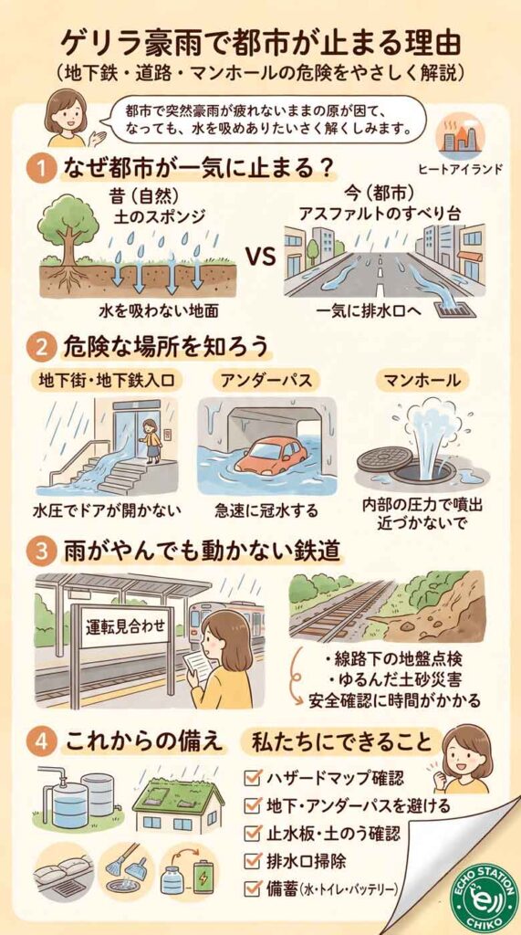 ゲリラ豪雨で都市が止まる理由。地下鉄・道路・マンホールの危険をやさしく解説インフォグラフ