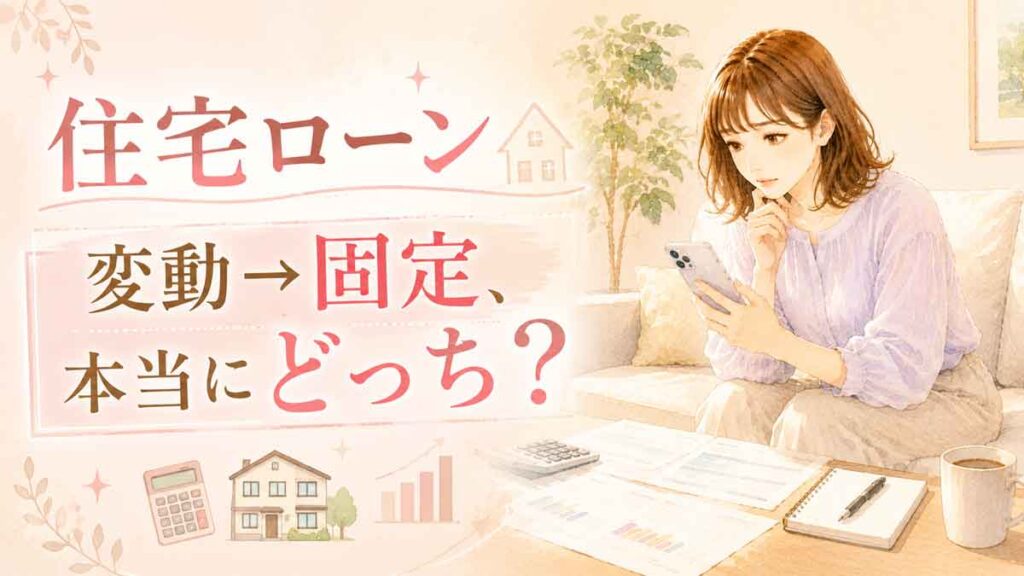 リビングのソファで住宅ローンの書類を広げてスマートフォンで調べる30代女性