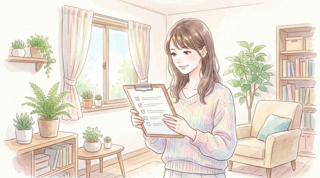 住宅ローンのチェックリストを確認する女性のイラスト
