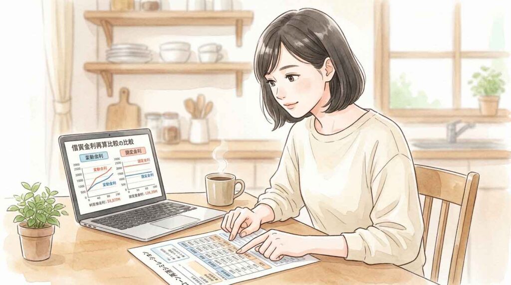 電卓と住宅ローンの計算書を前に考える女性のイラスト