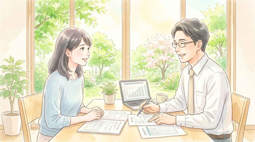 住宅ローンの相談窓口で担当者と話す女性のイラスト