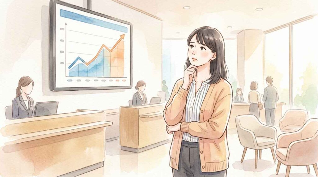 金利の上昇グラフを見て考え込む女性のイラスト