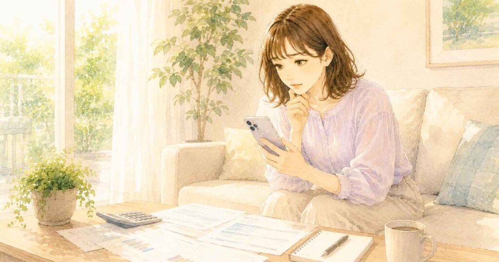 リビングのソファで住宅ローンの書類を広げてスマートフォンで調べる30代女性
