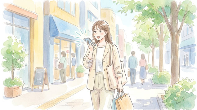 ▶移動中にスマホで音声入力する女性