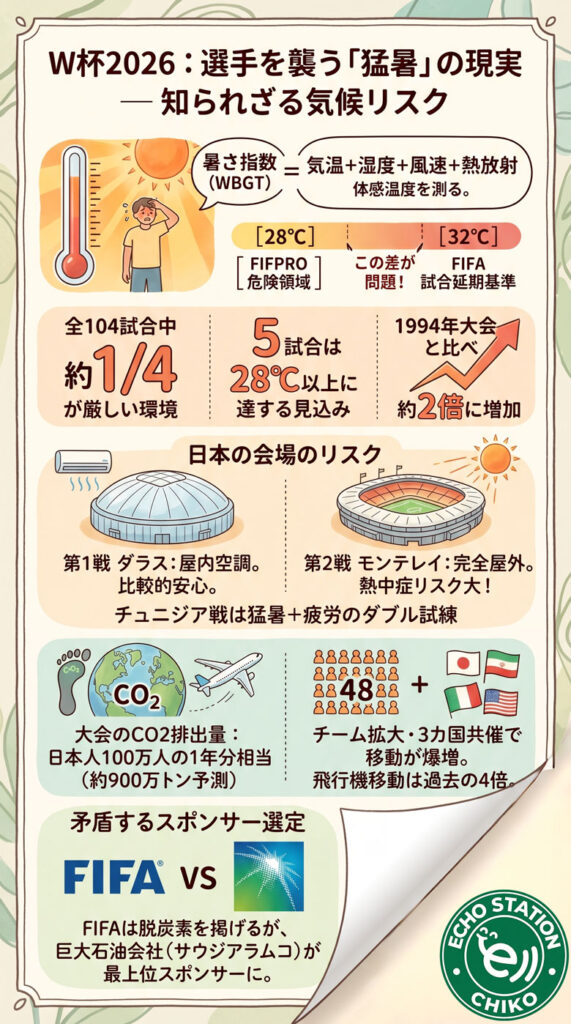 W杯2026、選手が直面する「猛暑との戦い」——知られていない気候リスクの実態 わかりやすく説明したインフォグラフィックを日本語で作成。女性が書いた柔らかいタッチ。右下にはページをめくるイメージでめくった部分をつける。 H2,H3、PICX不要 縦長 日本語フォント文字少なめ画像大