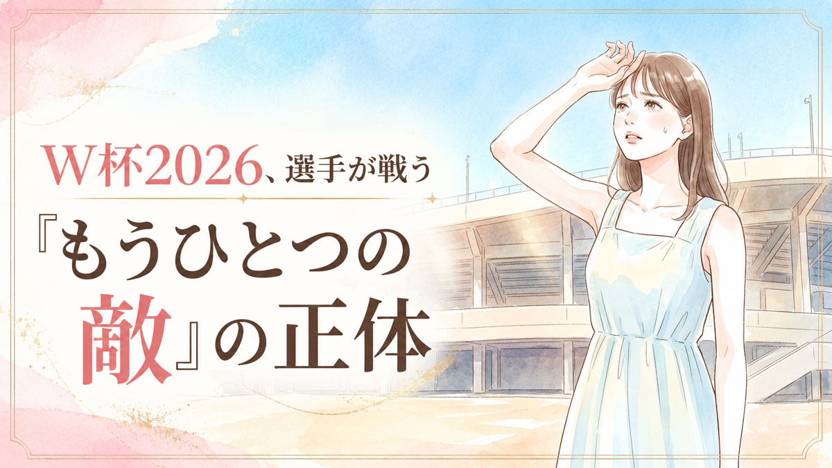 夏の日差しの中でサッカー観戦を楽しみながらも心配そうな表情をする女性