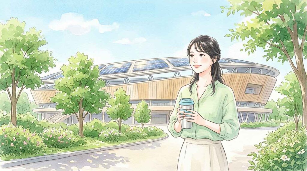 緑豊かなスタジアムの外で環境について考える女性のイラスト