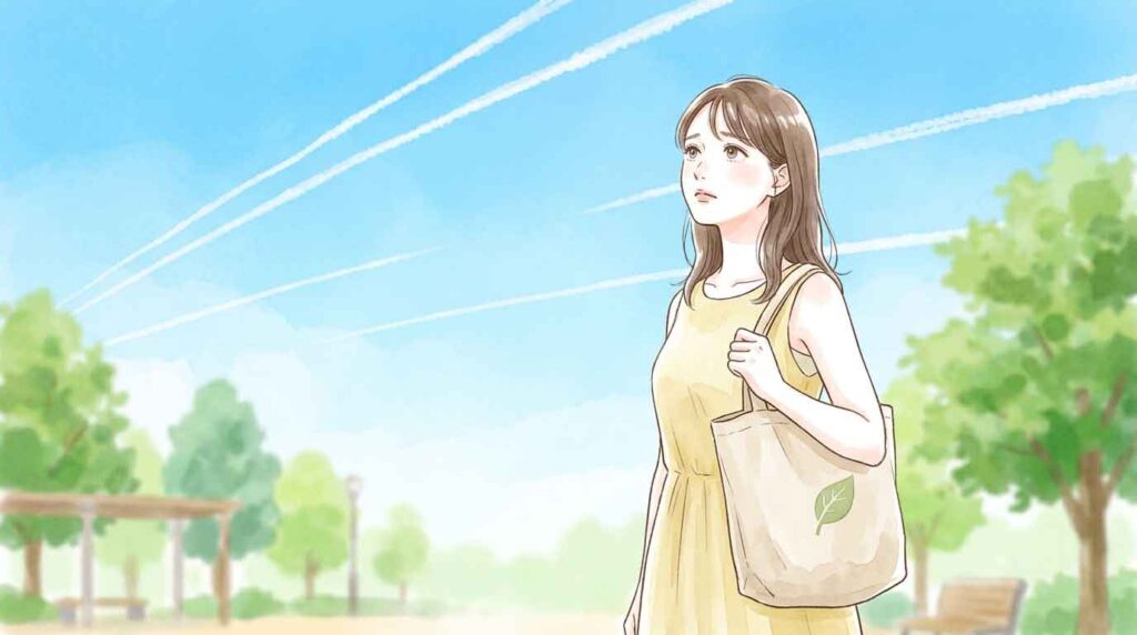 飛行機雲が広がる夏空を見上げて考え込む女性のイラスト