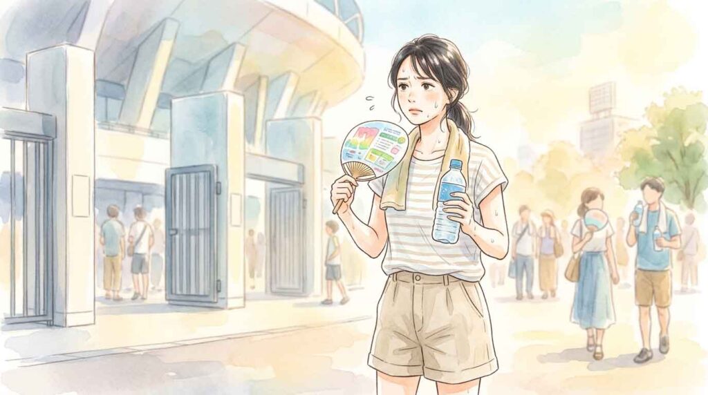 タジアムの外で暑さに疲れた様子で立つ女性のイラスト