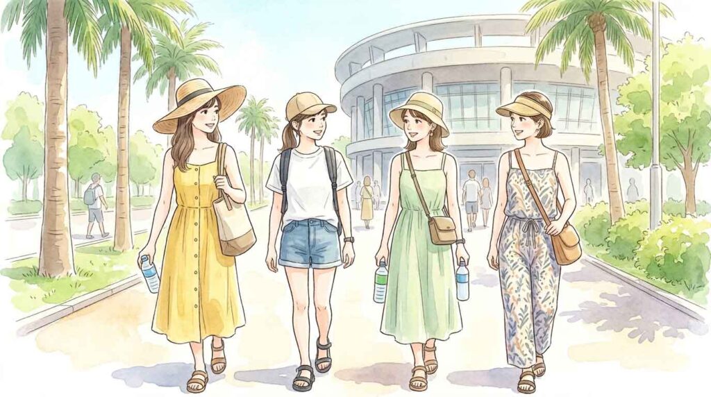 夏の炎天下でスタジアムに向かう女性たちのイラスト