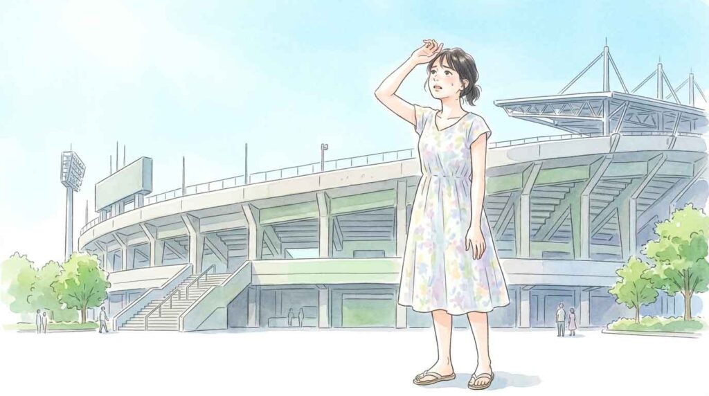 猛暑の屋外スタジアムで心配そうな表情で空を見上げる女性