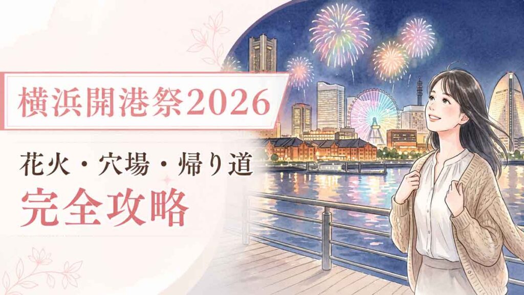 みなとみらいの夜景と花火を背景に夜風を感じながら立つ女性