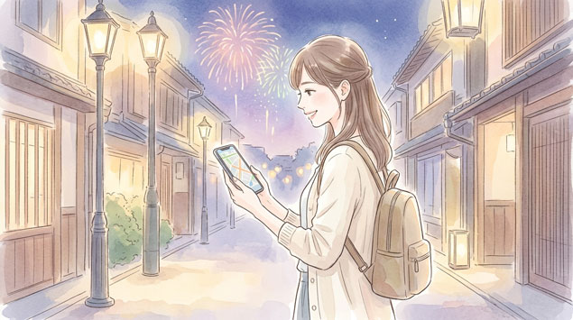 花火終了後、涼しい表情でスマートに帰路につく女性のイラスト