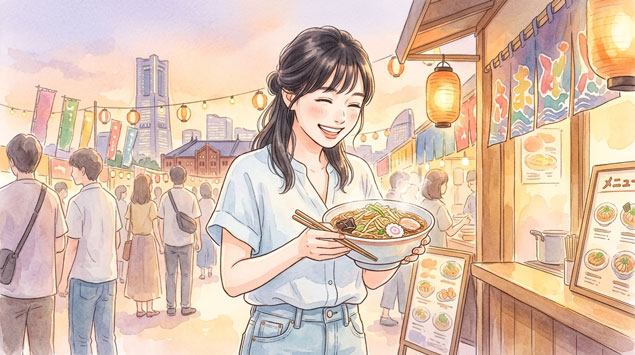 横浜開港祭の屋台でサンマーメンを食べる女性のイラスト