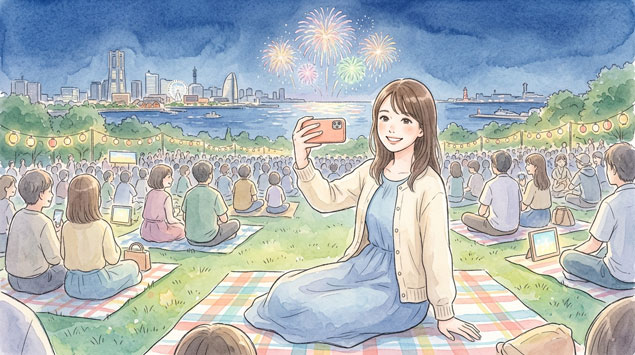  横浜開港祭の穴場スポットで花火を眺める女性のイラスト