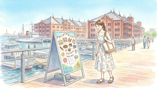 横浜港を背景に、開港記念日のイベントを楽しむ人々のイラスト