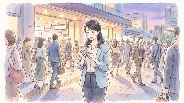 夕方の横浜みなとみらい駅周辺で混雑する人々のイラスト