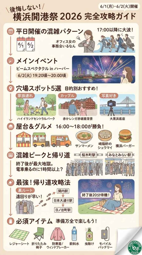 横浜開港祭2026で後悔したくない人へ。花火・穴場・帰りの地獄を全部攻略する完全ガイド インフォグラフ
