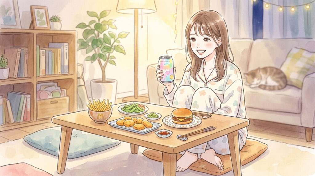 PIC6 | alt: 自宅でポテトとバーガーをおうち居酒屋風に並べてくつろぐ女性のイラスト