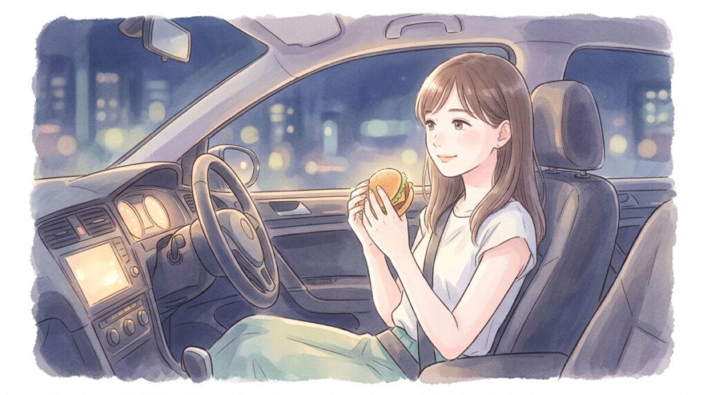 暗い車内でバーガーを頬張りながらリラックスしている女性のイラスト