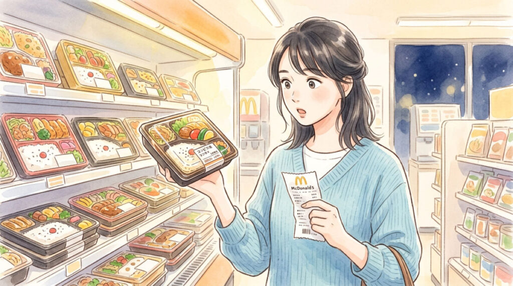 コンビニ弁当と夜マックのセットを比較して驚く女性のイラスト