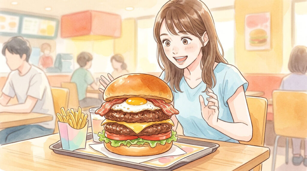 肉厚パティが2枚重なった分厚いバーガーをテーブルに置いた様子のイラス