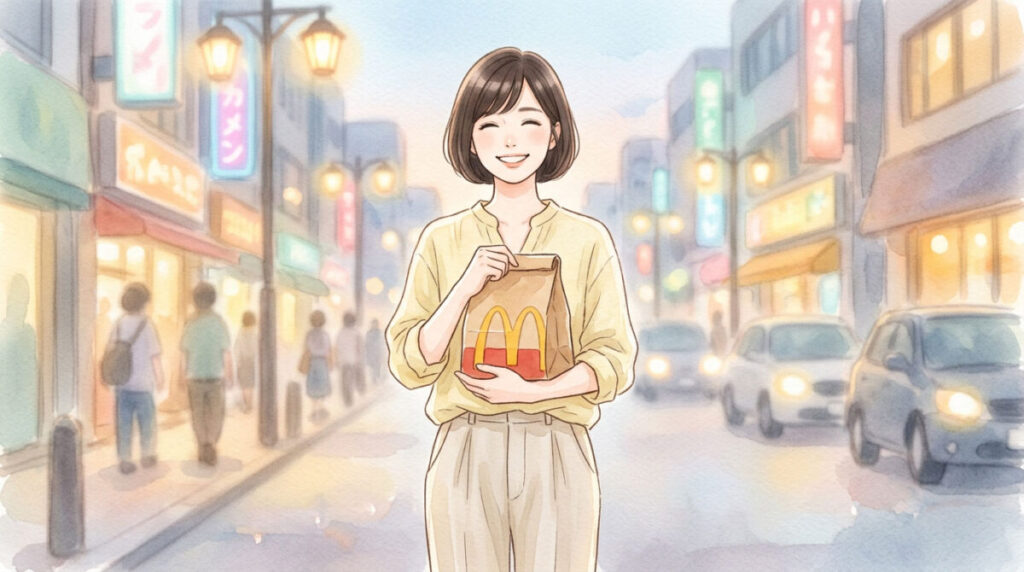 PIC1 | alt: 夜の街で夜マックのバーガーを手に満足そうな表情の女性