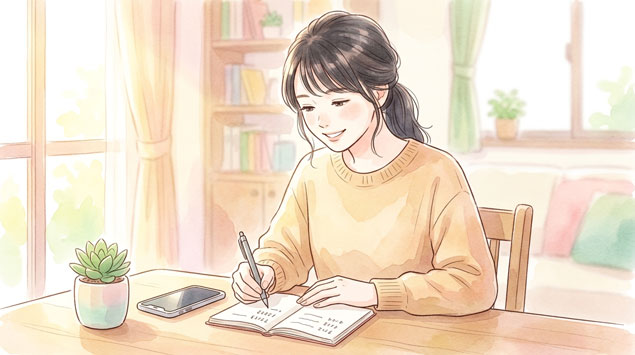 PIC6 | alt: 手帳にリカバリーコードを書き留めて安心した表情の女性のイラスト