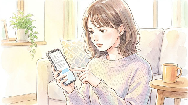 PIC4 | alt: スマートフォンでメールが届かずに困っている女性のイラスト
